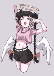  angel angel_wings arm_up bare_arms belt black_nails black_shorts blunt_bangs bow braid cropped_arm cropped_legs cropped_shirt cross cross_earrings detached_wings double_bun earrings feathered_wings female gaako_illust green_eyes grey_background groin hair_bun hairbow halo hand_up highres jewelry long_hair looking_at_viewer midriff nail_polish original red_bow shirt shirt_overhang short_sleeves shorts simple_background solo t-shirt twin_braids twintails very_long_hair white_wings wings 