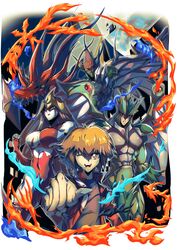  3boys absurdres black_hair black_shirt blue_fire blue_skin bodysuit brown_eyes brown_hair colored_skin covered_navel duel_academy_uniform_(yu-gi-oh!_gx) elemental_hero_avian elemental_hero_burstinatrix elemental_hero_flame_wingman eye_mask feathered_wings female fire full_moon green_bodysuit green_hair green_skin highres jacket male_focus moon multiple_boys multiple_heads one_eye_closed outstretched_arm red_bodysuit red_jacket red_lips shirt single_wing upper_body vincent_graphic_art white_wings wings yu-gi-oh! yu-gi-oh!_gx yuki_judai 