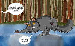  2010 ambiguous_feral ambiguous_gender claws dialogue domestic_cat english_text feet felid feline felis feral fluffy fur graystripe64 graystripe_(warriors) grey_body grey_fur looking_down male_(lore) mammal nervous outside pawpads paws quadruped shaded solo speech_bubble tail teeth text warriors_(book_series) water yellow_eyes 