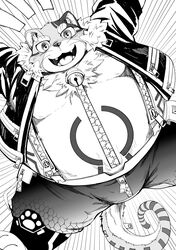  absurd_res anthro asakura_kento bell bell_collar belly bulge bygul clothing collar domestic_cat eyebrows felid feline felis hi_res jacket jumping lifewonders live_a_hero male mammal monochrome neck_tuft overweight smile solo thick_eyebrows topwear tuft zipper 