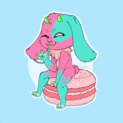  1:1 andromorph_(lore) anthro chains chibi claws colored_nails colorful_background cookie demon dessert digital_drawing_(artwork) digital_media_(artwork) ear_piercing ear_ring floppy_ears food fur green_body green_fur hair hi_res horn lagomorph leporid long_ears long_tongue macaron_(food) male mammal mastectomy_scar mistystar nails no_irises piercing pink_body pink_fur pink_hair rabbit ring_piercing scar simple_background small_horn smile solo tail teeth tongue tongue_out tuft visibly_trans 