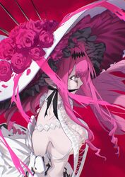  baobhan_sith_(fate) baobhan_sith_(third_ascension)_(fate) bare_shoulders breasts cleavage cross-laced_clothes detached_sleeves dress facial_mark fate/grand_order fate_(series) female flower frilled_hat frills gag grey_eyes hair_ornament hat hat_flower long_hair pink_hair pointy_ears red_background red_flower revealing_clothes sideboob sidelocks solo upper_body white_dress white_hat yasinna 