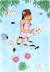  amur_carp anthro breasts carp clothed clothing cyprinid cypriniform dream dress felid female fish flower flying hi_res high-angle_view jewelry koi lake lion lionclaw1 lionheart mammal marine necklace pantherine plant river small_breasts solo standing tail traditional_media_(artwork) typical_carp water water_lily whiskers 