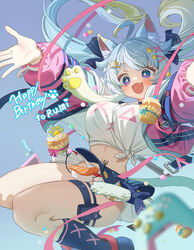  +_+ absurdres ahoge animal_ear_fluff animal_ears blue_eyes blue_socks blurry blush breasts cake cat_ears chinese_commentary commentary_request depth_of_field english_text female food gradient_hair hair_ornament happy_birthday highres indie_virtual_youtuber jacket jumping lanmewko large_breasts long_hair long_sleeves looking_at_viewer microskirt midriff multicolored_hair open_clothes open_jacket open_mouth outstretched_arms paw_print pink_jacket reaching ruiuncle shirt skirt smile socks solo star_(symbol) star_hair_ornament thigh_strap thighs tied_shirt twintails virtual_youtuber white_shirt 