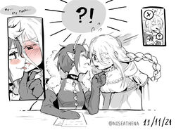  !? 2girls ? after_kiss ariel_(kumo_desu_ga_nani_ka?) blush braid breasts choker cleavage collar_tug commentary dated dress earrings elbow_gloves english_commentary english_text flying_sweatdrops food food_in_mouth gloves greyscale hand_on_another&#039;s_chin highres horns jewelry kumo_desu_ga_nani_ka? licking licking_another&#039;s_face licking_another&#039;s_lips long_hair medium_breasts monochrome multiple_girls niseathena oerba_yun_fang off-shoulder_dress off_shoulder open_mouth paper pocky pocky_day pocky_in_mouth pocky_kiss pointy_ears saliva saliva_trail shiraori short_hair single_braid sitting skin_fang small_breasts spoken_question_mark spoken_symbol standing twitter_username yuri 