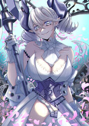  absurdres axe breasts cleavage demon_girl demon_horns demon_wings duel_monster female gloves grey_eyes grey_hair highres holding holding_axe horns large_breasts lovely_labrynth_of_the_silver_castle low_wings pointy_ears shiina_aono smile solo twintails wings yu-gi-oh! 