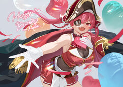  absurdres ascot balloon bare_shoulders bicorne black_coat breasts cleavage coat coat_on_shoulders commentary cowboy_shot cropped_jacket english_text eyepatch female gloves grey_background hand_up happy_birthday hat heart_balloon highres hololive houshou_marine houshou_marine_(1st_costume) jacket large_breasts leaning_forward leotard leotard_under_clothes long_hair looking_at_viewer open_mouth pirate_hat pleated_skirt reaching reaching_towards_viewer red_ascot red_eyes red_hair red_jacket red_skirt ruiuncle see-through see-through_cleavage see-through_leotard simple_background skirt sleeveless sleeveless_jacket smile solo symbol-only_commentary twintails virtual_youtuber white_gloves 