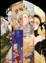  3boys armor bags_under_eyes bare_shoulders belt black_dress black_hood blonde_hair book breasts broken_glass brown_eyes castle cleavage cloak closed_mouth column_lineup commentary crown dark-skinned_male dark_elf dark_skin delgal_(dungeon_meshi) detached_hood detached_sleeves dress dungeon_meshi ear_covers elf english_commentary exhausted feathered_wings female frown glass goat_(dungeon_meshi) gorget green_cloak green_eyes grey_hair grimoire hair_between_eyes highres holding holding_book hood hood_down hood_up hooded_cloak horizontal_pupils juliet_sleeves laios_touden long_hair long_sleeves looking_at_viewer marcille_donato marcille_donato_(lord) mithrun multiple_boys neck_ruff official_alternate_costume pelt picture_frame plate_armor pointy_ears portrait_(object) puff_and_slash_sleeves puffy_sleeves purple_eyes sad short_bangs short_hair sky smile split_crop spoilers stained_glass sword thistle_(dungeon_meshi) trait_connection tunic undercut uniform upper_body wavy_hair weapon white_hair winged_lion_(dungeon_meshi) wings wolf_pelt yarrreg yellow_wings 