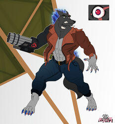  anthro back_mane big_muscles blue_bottomwear blue_claws blue_clothing blue_crystal blue_jeans blue_pants blue_tiberium bottomwear brotherhood_of_nod brown_clothing brown_jacket brown_topwear bullet canid canine canis chest_scar claws clothing command_and_conquer crystal crystal_hair cybernetic_arm cybernetic_limb denim denim_bottomwear denim_clothing electronic_arts english_text eye_scar facial_scar forehead_scar gatling_gun green_eyes gun gun_arm hi_res insignia jacket jeans kisa_the_cat logo machine_gun male mammal mineral_hair minerals muscular muscular_male mutants open_mouth pants prosthetic prosthetic_arm prosthetic_limb ranged_weapon red_eyes scar showing_teeth solo tail text tiberian_fiend tiberium topwear tratos_(command_and_conquer) tusks watermark weapon wolf 