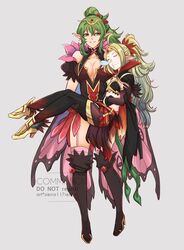  2girls absurdres ahoge artist_name black_dress black_footwear black_gloves black_pantyhose blonde_hair boots breasts cape carrying carrying_person cleavage commission dress drooling english_commentary facing_viewer fire_emblem fire_emblem_awakening fire_emblem_heroes flower full_body gloves gold_footwear green_eyes green_hair hair_between_eyes hair_flower hair_ornament highres large_breasts long_hair looking_at_another mouth_drool multiple_girls nose_bubble nowi_(fire_emblem) nowi_(resplendent)_(fire_emblem) official_alternate_costume pantyhose pointy_ears ponytail princess_carry sierra117renner sleeping small_breasts thigh_boots tiara tiki_(adult)_(fire_emblem) tiki_(adult)_(resplendent)_(fire_emblem) tiki_(fire_emblem) 