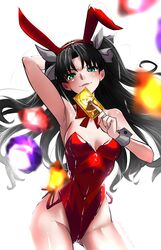  absurdres animal_ears archer_class_(fate) arm_up armpits black_hair breasts card fate/stay_night fate_(series) feet_out_of_frame female fukou green_eyes highres holding holding_card leotard long_hair playboy_bunny rabbit_ears red_leotard red_ribbon ribbon simple_background sleeveless small_breasts solo strapless strapless_leotard tohsaka_rin twintails white_background 