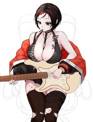  bare_shoulders between_breasts black_hair black_nails black_thighhighs breasts cigarette cleavage crow_(nikke) electric_guitar female fender_stratocaster fishnet_pantyhose fishnets goddess_of_victory:_nikke green_eyes guitar highres instrument jacket korean_commentary left-handed makeup mascara multicolored_hair off_shoulder oung69 pantyhose red_hair short_hair solo streaked_hair thighhighs torn_clothes torn_thighhighs two-tone_hair 