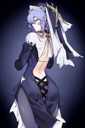  arknights ass back_cutout bare_back black_dress blue_hair clothing_cutout commentary cowboy_shot dress fangs_(fangs_art) female grey_eyes habit highres looking_at_viewer nun official_alternate_costume pantyhose short_hair sleeveless sleeveless_dress solo standing thighs whisperain_(arknights) whisperain_(priory_of_abyss)_(arknights) 