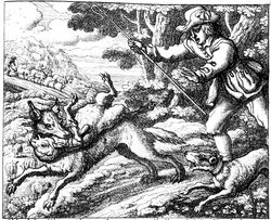  1687 17th_century aesop&#039;s_fables ancient_art big_bad_wolf boots bovid canid canine canis caprine clothing crook domestic_dog equid equine fairy_tales feral footwear francis_barlow gloves greyscale group handwear hat headgear headwear horse human male mammal meadow monochrome plant public_domain sheep shepherd staff the_boy_who_cried_wolf tree wolf woodcut 