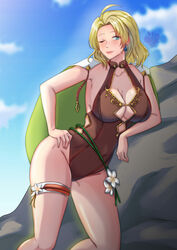  ;) blonde_hair blue_eyes breasts brown_one-piece_swimsuit cape cleavage closed_mouth collarbone commentary commission earrings female fire_emblem fire_emblem:_the_sacred_stones fire_emblem_heroes hand_on_own_hip highres jewelry large_breasts official_alternate_costume one-piece_swimsuit one_eye_closed rinku_bny selena_(fire_emblem:_the_sacred_stones) selena_(summer)_(fire_emblem:_the_sacred_stones) short_hair smile solo swimsuit 