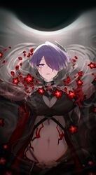  absurdres acheron_(honkai:_star_rail) black_choker black_gloves black_hole blood blood_from_eyes body_markings bonefire0909 breasts chains choker cleavage detached_sleeves female flower gloves hair_over_one_eye highres honkai:_star_rail honkai_(series) long_hair midriff navel partially_submerged purple_eyes purple_hair red_flower single_bare_shoulder solo stomach water 