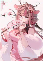  animal_ears antlers bare_shoulders braid breasts brown_hair china_dress chinese_clothes chinese_commentary cleavage closed_mouth commentary_request cowboy_shot deer_antlers deer_ears deer_girl dress exitus female flower flower-shaped_pupils flower_facial_mark fur_scarf gradient_eyes hand_fan hands_up highres holding holding_fan horns kannazuki_lubee large_breasts long_hair looking_at_viewer multicolored_eyes multicolored_hair pink_dress pink_eyes pink_flower pink_hair ruiuncle see-through see-through_cleavage side_braid solid_oval_eyes streaked_hair symbol-shaped_pupils tassel virtual_youtuber 