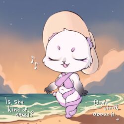  1:1 anthro beach chibi closed_eyes clothing dialogue eye_markings female hi_res kuth3re lagomorph leporid mammal markings rabbit sea singing solo swimwear twister_(sylf) water 