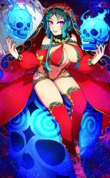  :d arabian_clothes bare_shoulders bikini braid breasts cleavage commentary_request cross-laced_sandals detached_sleeves earrings fate/grand_order fate_(series) female flaming_skull floating_skull full_body gem giant_skull green_gemstone green_hair harem_outfit highres jewelry large_breasts long_hair looking_at_viewer low_twin_braids navel necklace neo_kabocha no_mole open_mouth parted_bangs partial_commentary purple_eyes red_bikini red_sleeves red_thighhighs red_veil salome_(fate) sidelocks sitting skull smile solo stomach swimsuit thighhighs twin_braids veil 