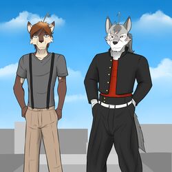  1:1 anthro asian_clothing bottomwear canid canine canis clothed clothing duo east_asian_clothing fully_clothed fuze gaku_kodori gakuran hand_in_pocket hi_res japanese_clothing japanese_school_uniform male mammal morenatsu morenatsu_homecoming pants pockets school_uniform shirt suspenders t-shirt ten_kodori topwear uniform wolf 