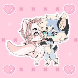  1:1 ambiguous_gender anthro band-aid bandage blep blue_blush blue_body blue_fur blush bobcat cheek_tuft claws colorful_background digital_drawing_(artwork) digital_media_(artwork) domestic_cat duo facial_tuft felid feline felis fingers flat_colors fur grey_eyes hair heart_symbol hi_res hug inner_ear_fluff intersex intersex/intersex long_hair long_tail lynx mammal markings mistystar nonbinary_(lore) outline pink_blush pink_body pink_fur pink_hair romantic romantic_couple short_hair short_tail simple_background smile standing tail tongue tongue_out tuft white_body white_outline 