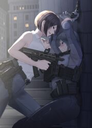  2girls absurdres against_wall aiming angry arm_tattoo bulletproof_vest bullpup d-sawa613 finger_on_trigger gloves gun h&amp;k_vp9 handgun heckler_&amp;_koch highres holding holding_gun holding_weapon holster holstered hs2000 magazine_(weapon) multiple_girls original radio short_hair stribog_sp9 submachine_gun tactical_clothes tattoo tourniquet weapon 