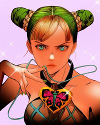  alternate_hair_color alternate_hairstyle aqua_eyes bare_shoulders berserk blonde_hair blue_eyes braid breasts brooch cosplay double_bun farnese_(berserk) female fishnet_top fishnets green_hair green_nails grey_background hair_bun halterneck hand_up heart heart_brooch highres jewelry jojo_no_kimyou_na_bouken kujo_jolyne kujo_jolyne_(cosplay) looking_at_viewer medium_breasts multicolored_hair nail_polish nisino2222 serious sleeveless solo sparkle stone_ocean streaked_hair string two-tone_hair updo upper_body 