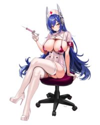  absurdres alternate_costume armband bikini bikini_top_only blue_hair blush breasts breasts_out chair commission crossed_legs english_commentary female girls&#039;_frontline hat headgear high_heels highres holding holding_syringe large_breasts long_hair looking_at_viewer nurse nurse_cap office_chair open_mouth orange_eyes red_armband red_bikini short_sleeves sitting solo swimsuit swivel_chair syringe tar-21_(girls&#039;_frontline) thighhighs thighs very_long_hair white_footwear white_thighhighs yan.c 