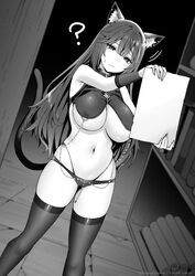  ? aged_up animal_ear_fluff animal_ears bikini breasts cat_ears cat_girl cat_tail cleavage covered_nipples female groin highres holding large_breasts little_witch_nobeta long_hair lowleg lowleg_bikini monochrome navel official_art paper phyllis_(human)_(little_witch_nobeta) phyllis_(little_witch_nobeta) reading second-party_source sky-freedom solo standing stomach swimsuit tail thighhighs thighs 