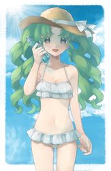  :d bad_id bad_twitter_id bikini blue_sky bottle cloud colored_eyelashes commentary_request cowboy_shot day falulu falulu_(awakened) female frilled_bikini frills green_hair grey_eyes hand_up hat inactive_account long_hair looking_at_viewer open_mouth outdoors parted_bangs pretty_series pripara ramune shiyurinpu sidelocks sky smile solo standing sun_hat sunlight swimsuit twintails white_bikini 