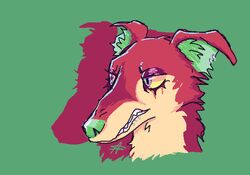  2024 absurd_res aliasing ambiguous_gender anthro appelsaus borzoi button_ears canid canine canis digital_drawing_(artwork) digital_media_(artwork) domestic_dog ear_piercing ear_tuft eyelashes facial_piercing floppy_ears frown fur glistening_eyelids green_background green_body green_fur green_nose headshot_portrait hi_res hunting_dog inner_ear_fluff lip_piercing mammal multicolored_body multicolored_eyes multicolored_fur piercing portrait potpourri_(kingmoth) red_body red_fur scowl scrunched_nose shaded sharp_teeth sighthound simple_background snout solo teeth tuft yellow_sclera 