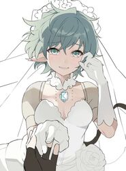  1boy :d black_gloves breasts bridal_veil cleavage core_crystal_(xenoblade) crying crying_with_eyes_open dress female fingerless_gloves gloves green_eyes green_hair grin holding_hands looking_at_viewer medium_breasts pandoria_(xenoblade) pointy_ears pov pov_hands short_hair simple_background smile solo_focus stephanieh81080 straight tail tears teeth veil wedding_dress white_background white_dress white_gloves xenoblade_chronicles_(series) xenoblade_chronicles_2 zeke_von_genbu_(xenoblade) 