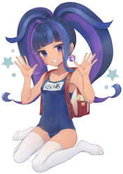  ahoge backpack bad_id bad_twitter_id bag bare_shoulders blue_eyes blue_hair blue_one-piece_swimsuit blunt_bangs breasts covered_navel daia_(pri_chan) dark-skinned_female dark_skin female full_body grin hands_up highres inactive_account kiratto_pri_chan kuro_daia_(pri_chan) long_hair looking_at_viewer multicolored_hair name_tag no_shoes old_school_swimsuit one-piece_swimsuit open_hands open_mouth pretty_series purple_hair randoseru red_bag school_swimsuit shiyurinpu sidelocks simple_background sitting small_breasts smile solo star_(symbol) streaked_hair swimsuit thighhighs twintails very_long_hair wariza white_background white_thighhighs 