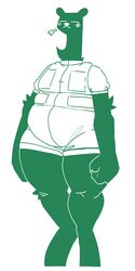  2024 absurd_res anthro arm_tuft bear biped bottomwear claws closed_eyes clothed clothing elbow_tuft finger_claws green_and_white green_body hi_res leg_tuft male mammal monochrome neck_tuft overweight overweight_anthro overweight_male pomegraniter round_ears shirt shorts simple_background solo standing topwear tuft undefined_(pomegraniter) unursined_(pomegraniter) white_background 