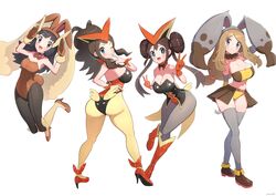  4girls absurdres alternate_costume animal_ears arm_behind_back arm_behind_head ass backless_outfit bare_shoulders black_eyes black_hair black_leotard black_pantyhose blue_eyes breasts brown_gloves brown_hair brown_leotard brown_skirt brown_tube_top cleavage collarbone cosplay cowboy_shot dawn_(pokemon) detached_collar diggersby diggersby_(cosplay) double_v doughnut_hair_bun fluffy_hair from_behind full_body gloves gonzarez grey_pantyhose grey_thighhighs hair_bun high_ponytail highres hilda_(pokemon) jumping large_breasts leotard long_hair looking_at_viewer lop_rabbit_ears lopunny lopunny_(cosplay) medium_breasts multiple_girls navel necktie one_eye_closed orange_gloves orange_leotard panties pantyhose playboy_bunny pokemon pokemon_bw pokemon_bw2 pokemon_dppt pokemon_xy rabbit_ears rabbit_pose rabbit_tail rosa_(pokemon) serena_(pokemon) sidelocks simple_background skirt standing strapless tail thighhighs tube_top underwear v victini victini_(cosplay) white_background yellow_panties yellow_tube_top 