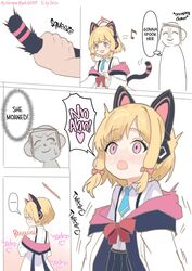  ... ^^^ animal_ear_headphones animal_ears black_skirt blonde_hair blue_archive blue_necktie blush bow bowtie cat_ear_headphones cat_tail doodle_sensei_(blue_archive) english_text fake_animal_ears grabbing_another&#039;s_tail hairbow halo hard-translated headphones heart highres hood hoodie karimea momoi_(blue_archive) multiple_hair_bows musical_note necktie open_mouth pink_eyes pink_halo pink_hoodie red_bow red_bowtie sensei_(blue_archive) shirt short_hair short_twintails skirt speech_bubble suspender_skirt suspenders tail third-party_edit thought_bubble twintails white_shirt 