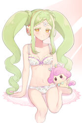  arm_support bad_id bad_twitter_id bare_shoulders barefoot bow bow_bra bra braid braided_bangs breasts closed_mouth commentary_request cropped_legs falala_a_larm female floral_print foot_out_of_frame frilled_bra frills green_hair head_chain headphones highres idol_time_pripara jewelry leg_up long_hair looking_at_viewer navel panties pretty_series print_bra print_panties pripara punicorn shiyurinpu sitting small_breasts smile solo stuffed_unicorn symbol-shaped_pupils twintails underwear underwear_only very_long_hair white_bra white_panties yellow_eyes 