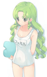  arm_behind_back bad_id bad_twitter_id bare_shoulders breasts cleavage closed_mouth colored_eyelashes commentary_request cowboy_shot falulu falulu_(awakened) female green_hair grey_eyes hair_down highres holding inactive_account long_hair looking_at_viewer medium_breasts name_tag old_school_swimsuit one-piece_swimsuit parted_bangs pretty_series pripara school_swimsuit shiyurinpu sidelocks simple_background smile solo standing swimsuit translation_request white_background white_one-piece_swimsuit 