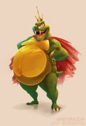  2018 3_toes absurd_res alex_henderson anthro belly big_belly bloodshot_eyes cape claws clothing crocodilian crown donkey_kong_(series) fangs feet gold_(metal) green_body headgear hi_res k_rool kremling male navel nintendo overweight reptile scalie small_tail solo tail teeth toes 