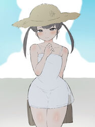  arm_behind_back breasts briefcase brown_eyes brown_hair cloud day dress female hand_up hat looking_at_viewer original outdoors ramoni small_breasts solo straw_hat sun_hat thighs_together twintails white_dress 