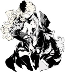  2girls blood blood_sucking blush breast_sucking breasts capelet closed_eyes cofepig elbow_pads gloves granblue_fantasy greyscale hood long_hair long_sleeves medium_breasts mireille_(granblue_fantasy) monochrome multiple_girls open_mouth red_eyes risette_(granblue_fantasy) simple_background small_breasts spot_color thighhighs white_background yuri 