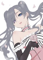  1boy bare_shoulders black_gloves blue_eyes blue_hair bow bowtie choker ciel_phantomhive ciel_phantomhive_(robin_dress) collarbone crossdressing dark_blue_hair dress elbow_gloves falling_petals flower frilled_choker frills gloves hair_over_one_eye highres kuroshitsuji looking_at_viewer male_focus mmss25 otoko_no_ko petals pink_choker pink_dress pink_flower purple_eyes simple_background solo strapless strapless_dress striped_bow striped_bowtie striped_clothes twintails white_bow white_bowtie 