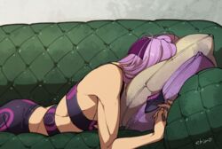  1boy couch cushion face_in_pillow gradient_background grey_background head_rest jojo_no_kimyou_na_bouken lying male_focus medium_hair melone mojisan_(ebimo) on_couch on_stomach pillow purple_hair signature single_bare_shoulder sleeping solo upper_body 