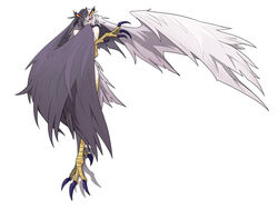  absurdres asymmetrical_wings black_souls claws extra_eyes feathered_wings female full_body hair_over_one_eye harpy head_wings highres jubjub_(black_souls) large_wings mismatched_wings monster_girl rabbit_king red_eyes simple_background solo talons white_background wings 