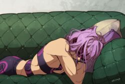  1boy closed_eyes closed_mouth couch cushion eye_mask jojo_no_kimyou_na_bouken lying male_focus medium_hair melone messy_hair mojisan_(ebimo) on_couch on_stomach purple_hair signature single_bare_shoulder sleeping solo upper_body 