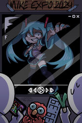  absurdres aqua_hair aqua_nails artist_name black_sleeves cellphone commentary detached_sleeves elmo english_commentary female hatsune_miku hatsune_miku_expo highres long_hair looking_at_viewer media_player_interface necktie nervous_smile nervous_sweating outstretched_arm pause_button phone play_button progress_bar project_sekai sesame_street shaded_face smartphone smile solo_focus spring_onion super_nh sweat television thighhighs twintails very_long_hair vocaloid 