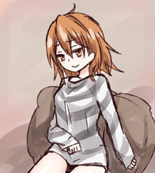  accelerator_(toaru_majutsu_no_index) accelerator_(toaru_majutsu_no_index)_(cosplay) ahoge breasts brown_background brown_eyes brown_hair closed_mouth commentary_request cosplay cowboy_shot diagonal-striped_shirt female grey_shirt hair_between_eyes i.u.y light_blush long_bangs long_sleeves looking_at_viewer medium_breasts medium_hair messy_hair misaka_worst no_pants pillow shirt sitting sitting_on_pillow smile striped_clothes striped_shirt thighs toaru_majutsu_no_index 