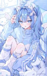  @_@ alllisso animal_ear_headphones animal_ears artist_name bandaid bandaid_on_leg blue_hair blue_jacket blue_nails blue_socks chair computer_keyboard fake_animal_ears female gaming_chair hair_ornament hatsune_miku headphones highres jacket long_hair monitor multicolored_clothes multicolored_jacket open_mouth socks solo spiral star_(symbol) star_hair_ornament swivel_chair two-tone_jacket two-tone_socks vocaloid white_socks wing_hair_ornament zipper zipper_pull_tab 