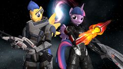  16:9 2021 3d_(artwork) alicorn anthro anthrofied armor bioware blue_eyes blue_hair blue_tail commander_shepard cosmic_background cosplay crossover crossover_cosplay detailed_background digital_media_(artwork) duo electronic_arts equid equine eyelashes feathered_wings feathers female female_shepard flash_sentry_(mlp) friendship_is_magic fur garrus_vakarian gun hair hasbro hi_res horn long_tail looking_at_viewer male mammal mass_effect multicolored_hair multicolored_tail my_little_pony mythological_creature mythological_equine mythology n7 omni-blade pegasus pink_hair pink_tail purple_body purple_eyes purple_fur purple_hair purple_tail ranged_weapon rifle short_tail smile sniper_rifle source_filmmaker_(artwork) space space_background tail teeth that1guy twilight_sparkle_(mlp) unicorn_horn visor weapon widescreen wings yellow_body yellow_fur 