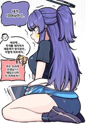  ass black_footwear black_shirt blue_archive blue_buruma blue_jacket breasts broken buruma doodle_sensei_(blue_archive) english_commentary female from_side halo jacket kingbawoon korean_text large_breasts long_hair momoi_(blue_archive) parted_lips ponytail profile purple_hair sensei_(blue_archive) shirt shoes short_sleeves simple_background sitting star_sticker sticker_on_face translated trembling weighing_scale white_background wide-eyed yuuka_(blue_archive) yuuka_(track)_(blue_archive) 